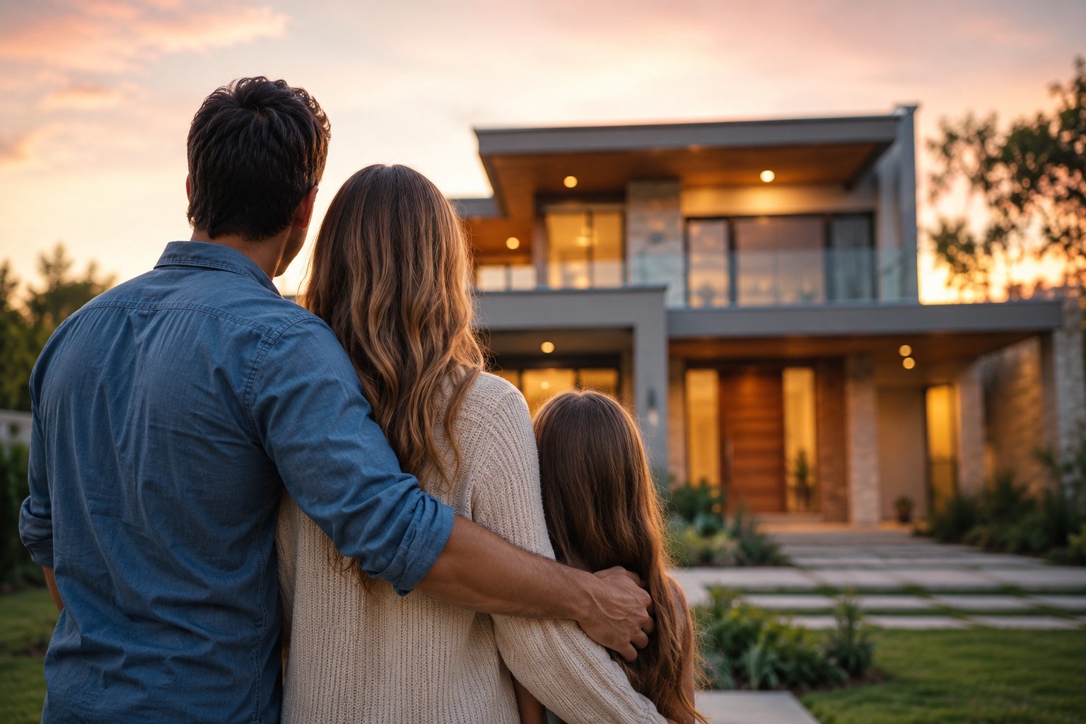 Família contemplando o imóvel próprio conquistado via consórcio imobiliário Goch, sem juros, sem entrada